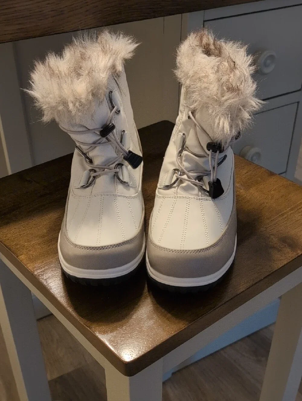 Totes Brand Women's White Faux-Fur Winter Ankle Boots with Gray Accents